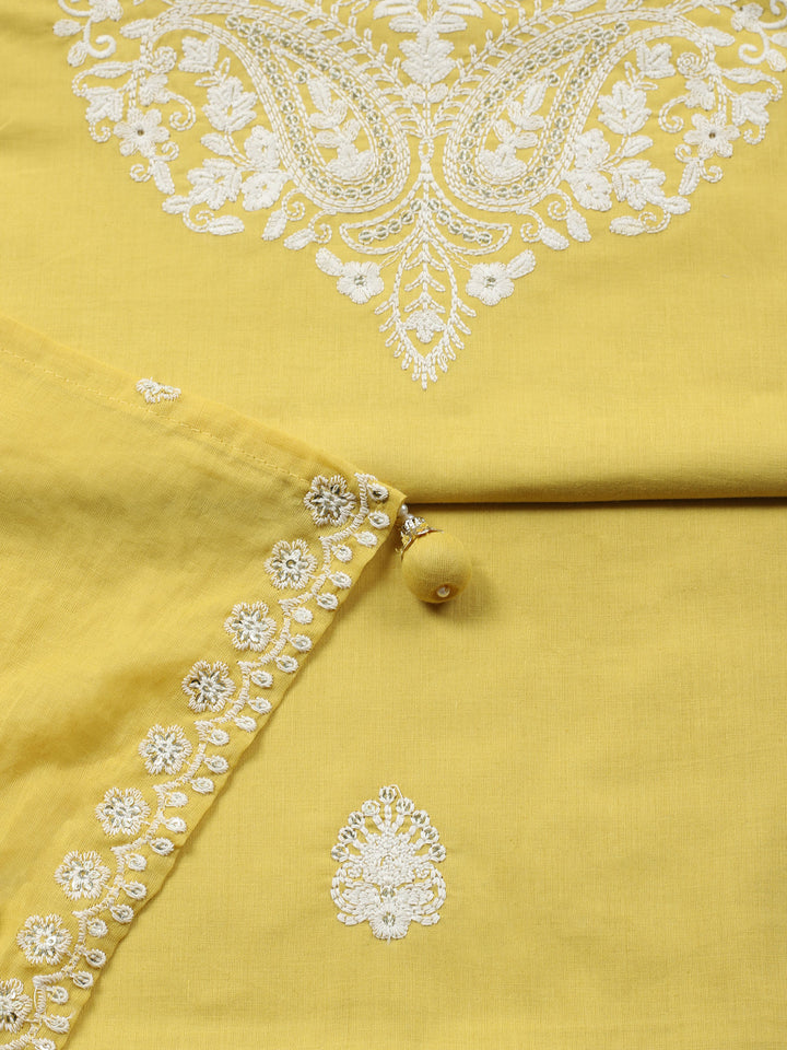 Yellow Embroidered Cotton Blend Unstitched Suit &amp; Pant With Cotton Dupatta