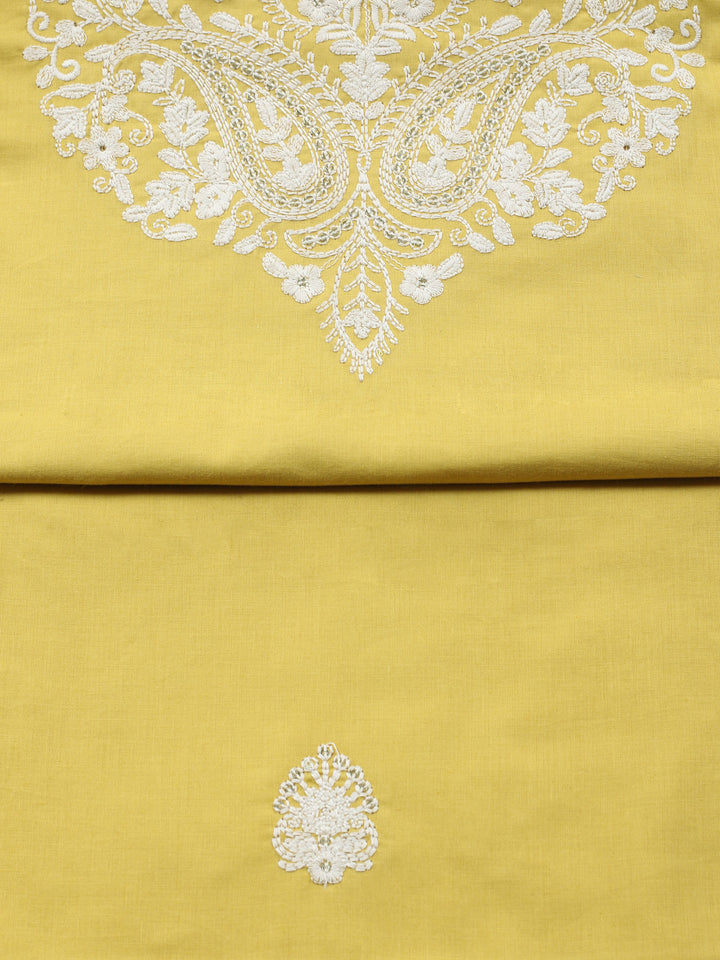 Yellow Embroidered Cotton Blend Unstitched Suit &amp; Pant With Cotton Dupatta