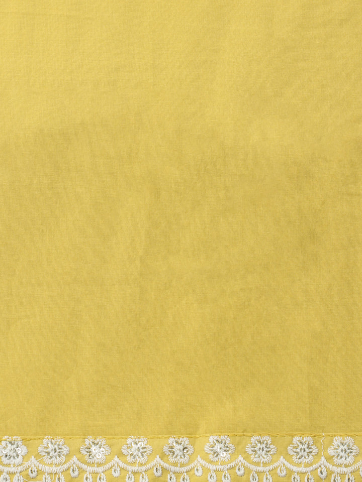 Yellow Embroidered Cotton Blend Unstitched Suit &amp; Pant With Cotton Dupatta