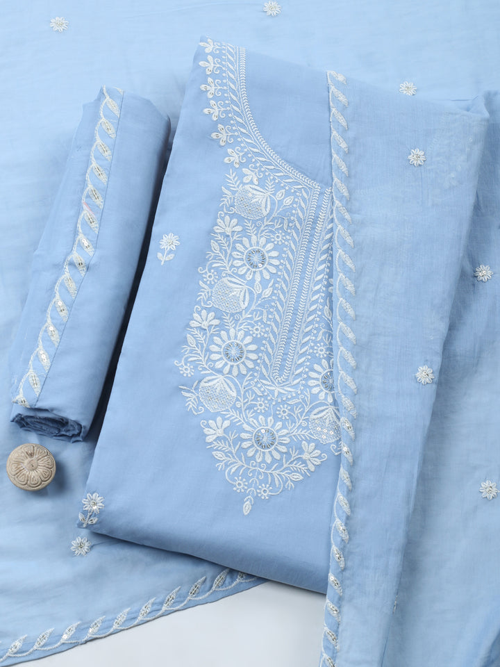 Blue Embroidered Cotton Blend Unstitched Suit &amp; Pant With Cotton Dupatta