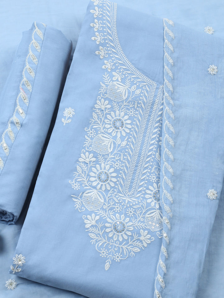 Blue Embroidered Cotton Blend Unstitched Suit &amp; Pant With Cotton Dupatta