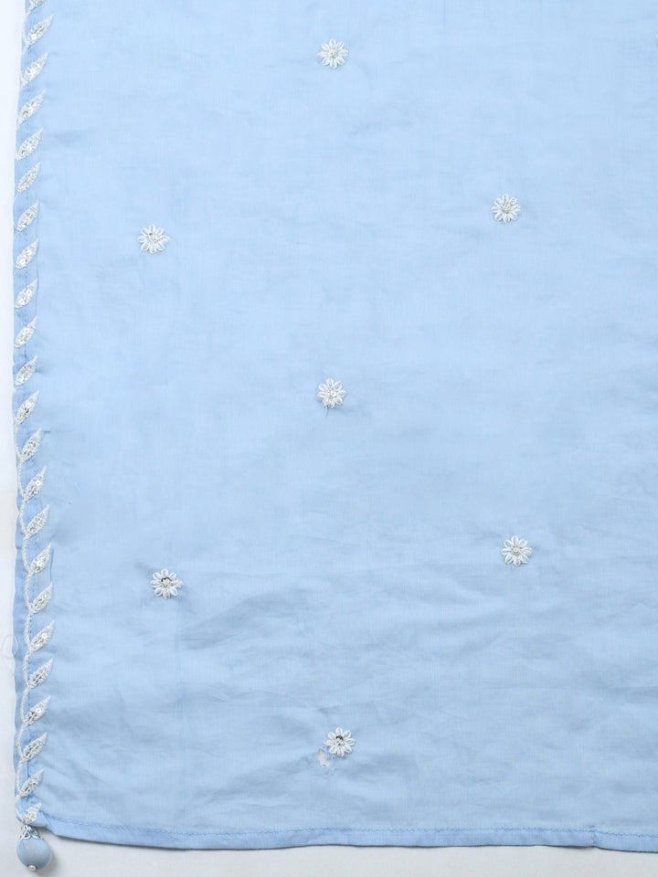 Blue Embroidered Cotton Blend Unstitched Suit &amp; Pant With Cotton Dupatta