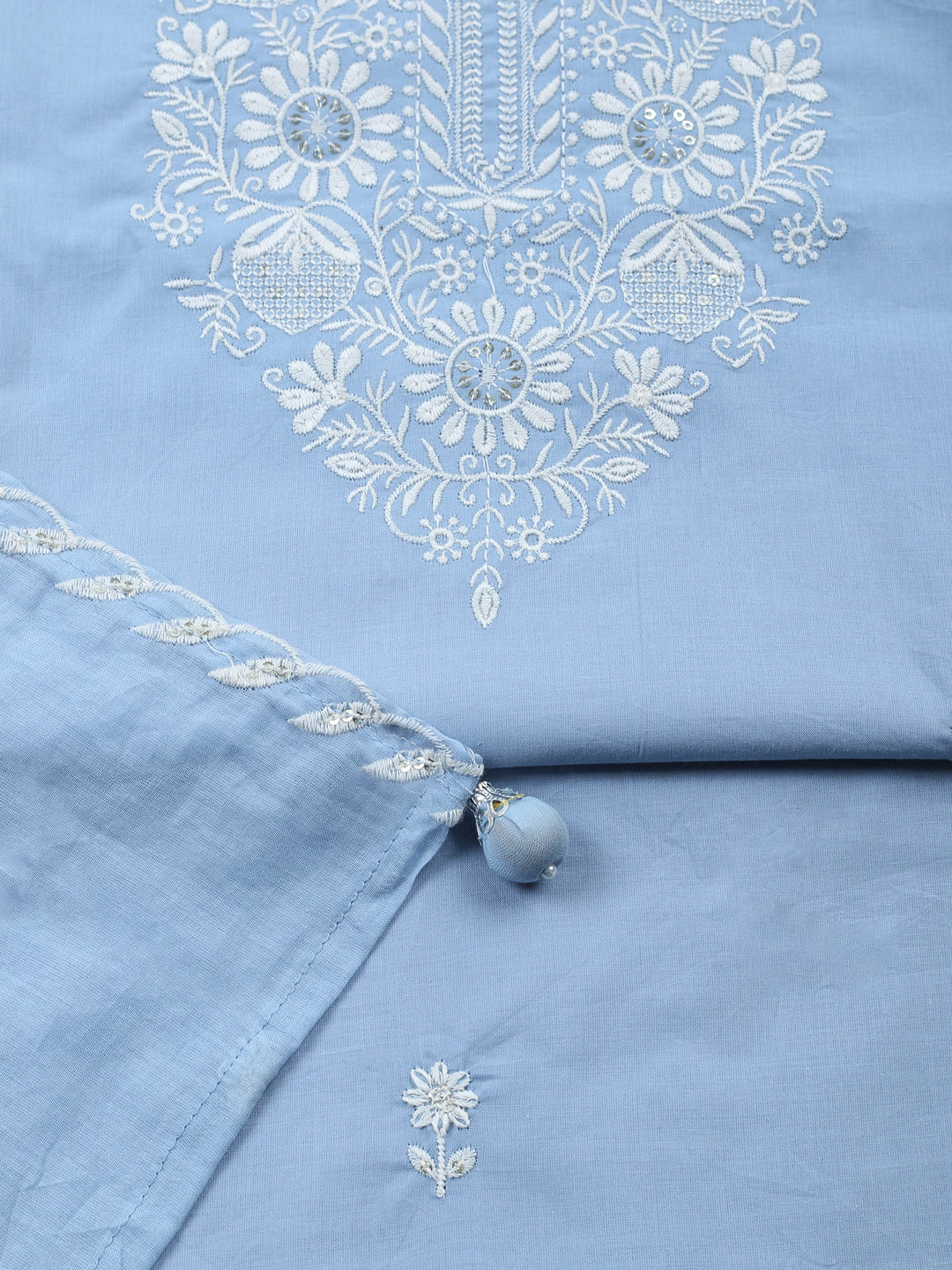 Blue Embroidered Cotton Blend Unstitched Suit &amp; Pant With Cotton Dupatta