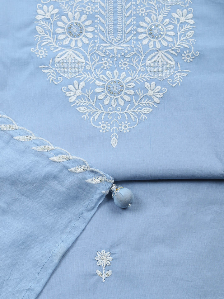 Blue Embroidered Cotton Blend Unstitched Suit &amp; Pant With Cotton Dupatta