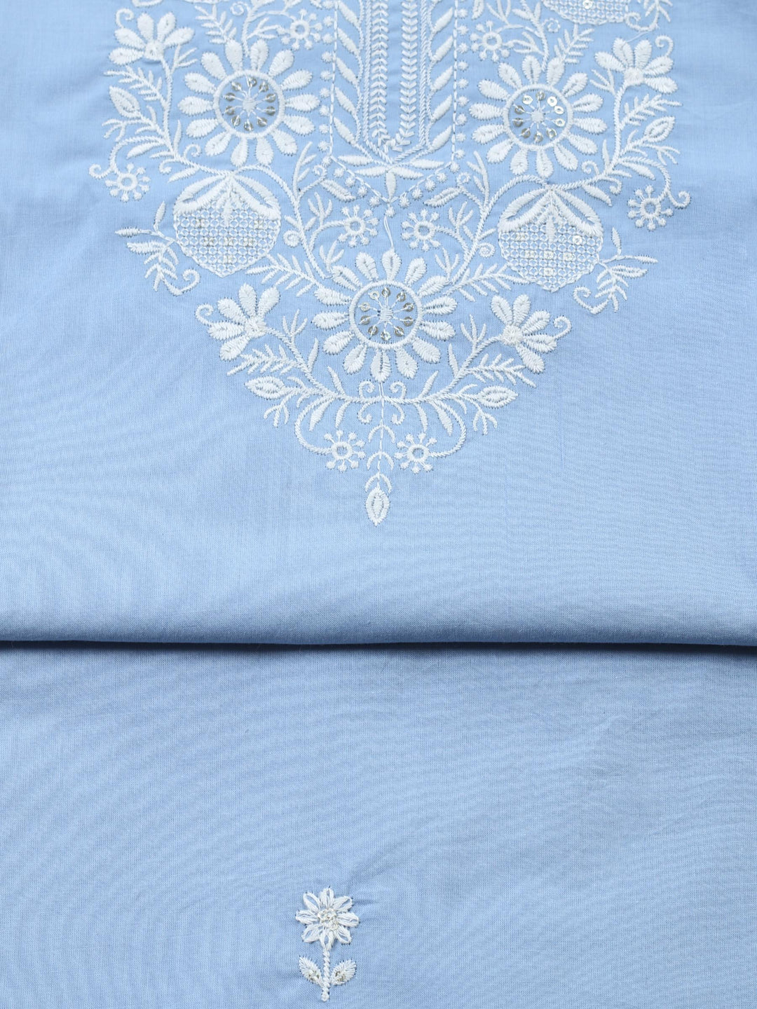Blue Embroidered Cotton Blend Unstitched Suit &amp; Pant With Cotton Dupatta