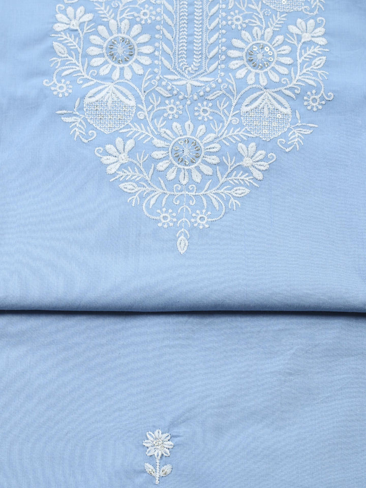 Blue Embroidered Cotton Blend Unstitched Suit &amp; Pant With Cotton Dupatta