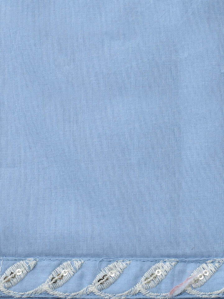 Blue Embroidered Cotton Blend Unstitched Suit &amp; Pant With Cotton Dupatta