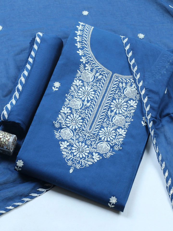Navy Blue Embroidered Cotton Blend Unstitched Suit &amp; Pant With Cotton Dupatta