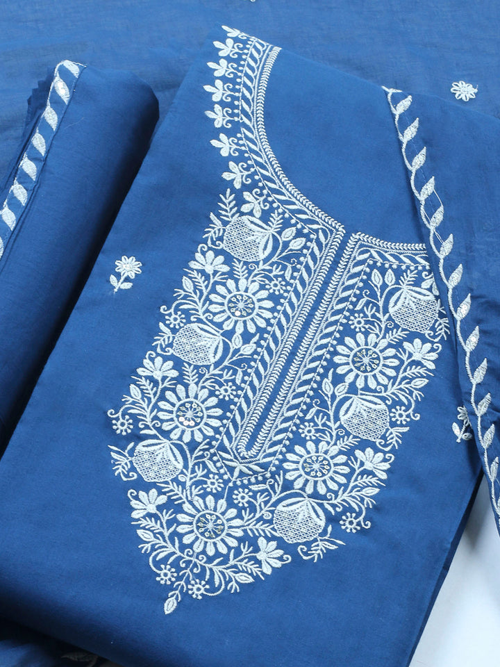 Navy Blue Embroidered Cotton Blend Unstitched Suit &amp; Pant With Cotton Dupatta