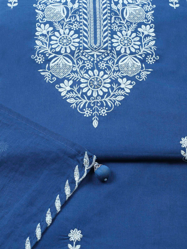Navy Blue Embroidered Cotton Blend Unstitched Suit &amp; Pant With Cotton Dupatta