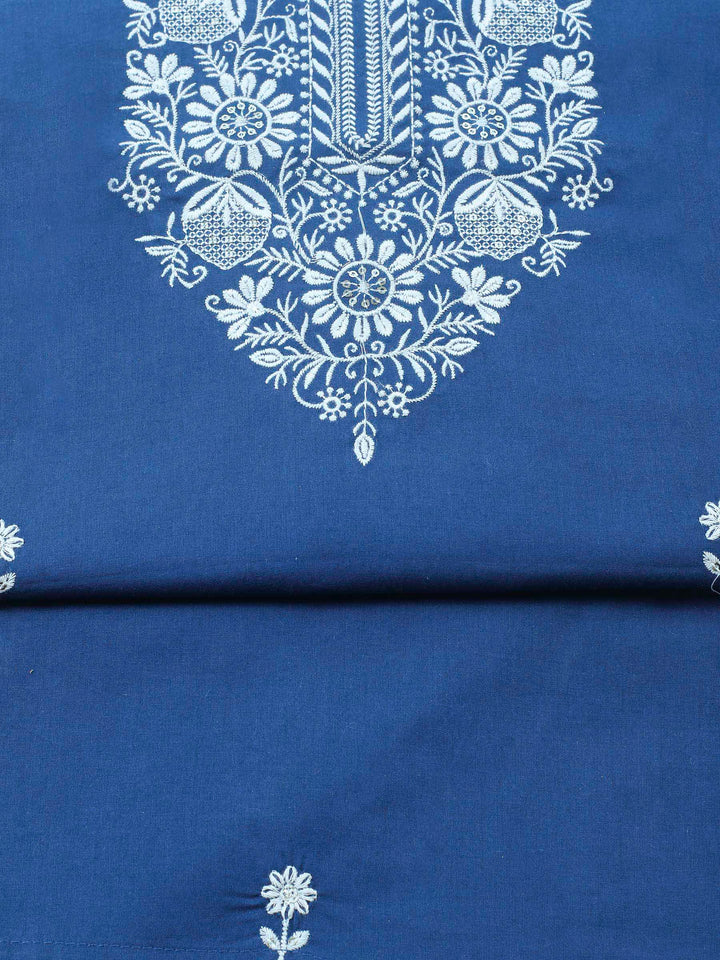 Navy Blue Embroidered Cotton Blend Unstitched Suit &amp; Pant With Cotton Dupatta