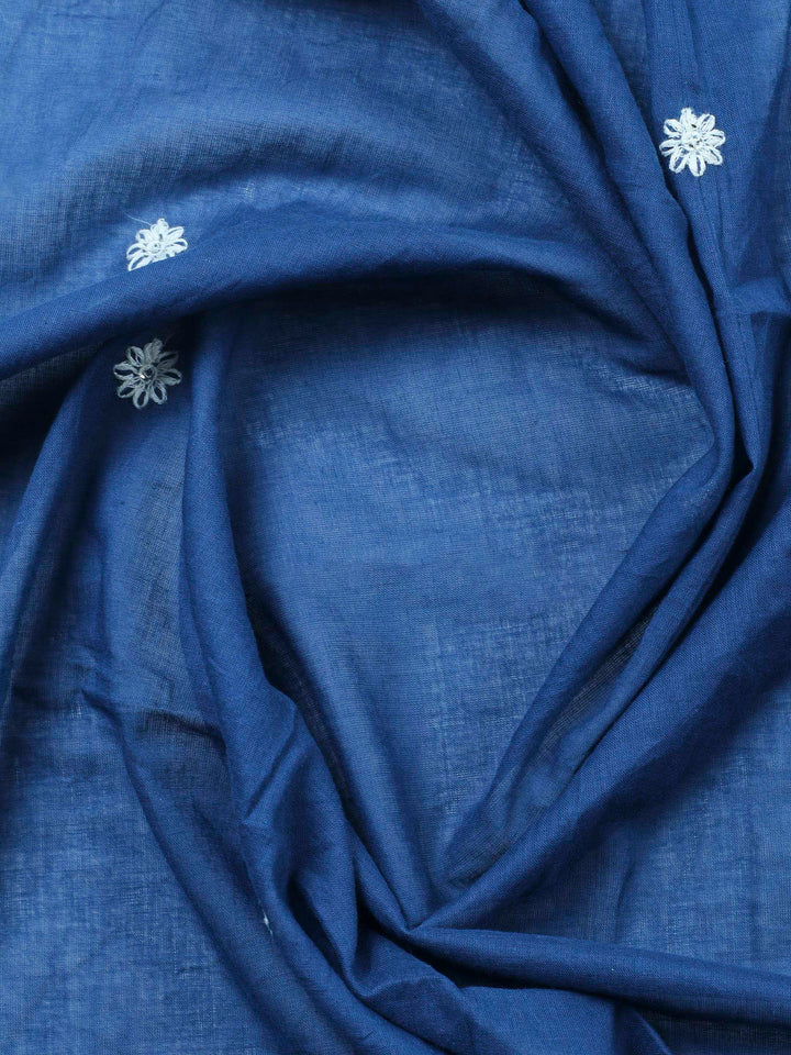 Navy Blue Embroidered Cotton Blend Unstitched Suit &amp; Pant With Cotton Dupatta