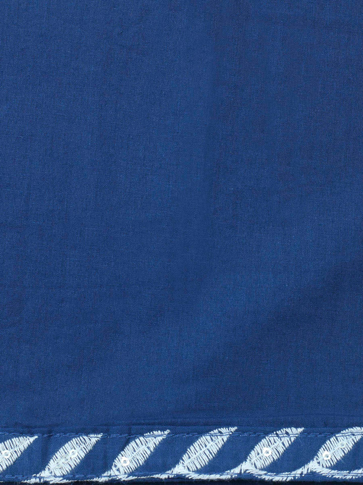 Navy Blue Embroidered Cotton Blend Unstitched Suit &amp; Pant With Cotton Dupatta