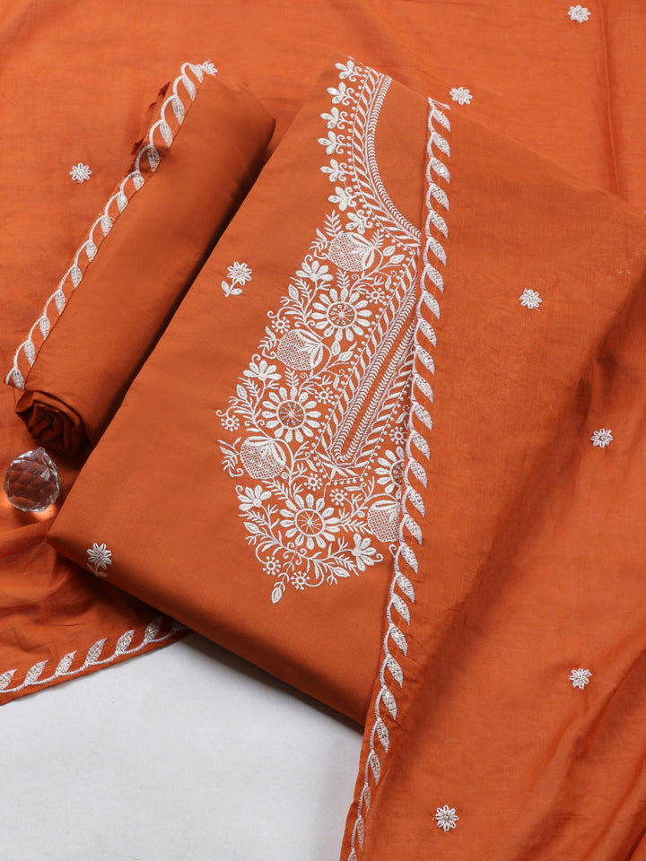 Rust Embroidered Cotton Blend Unstitched Suit &amp; Pant With Cotton Dupatta