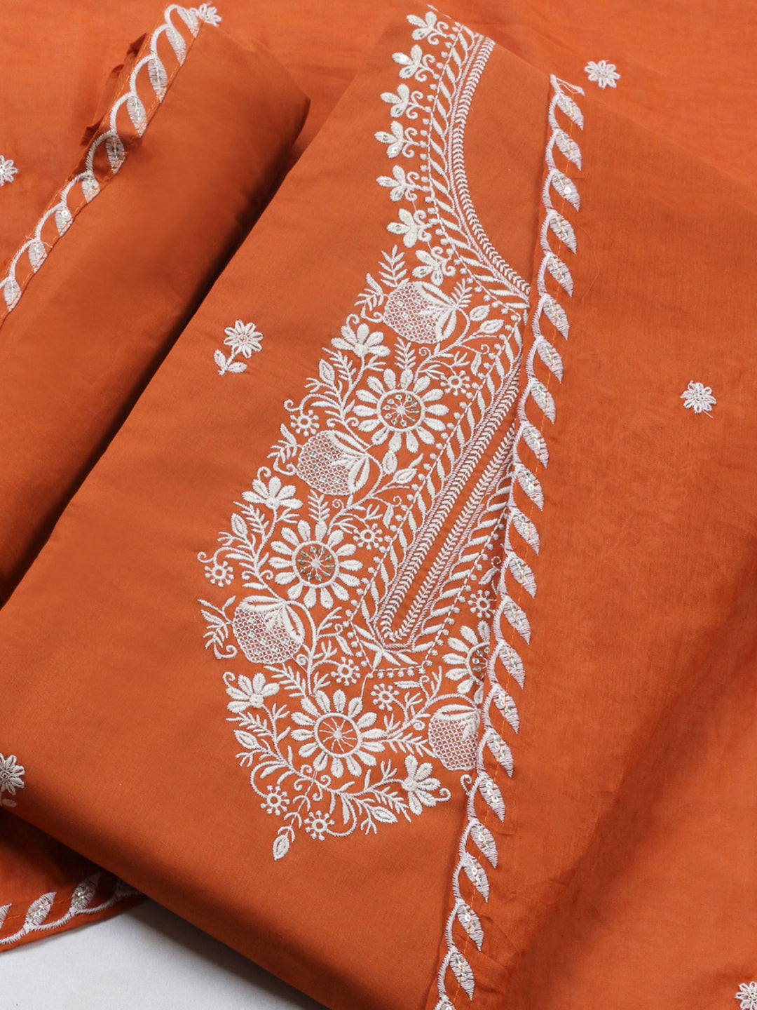 Rust Embroidered Cotton Blend Unstitched Suit &amp; Pant With Cotton Dupatta