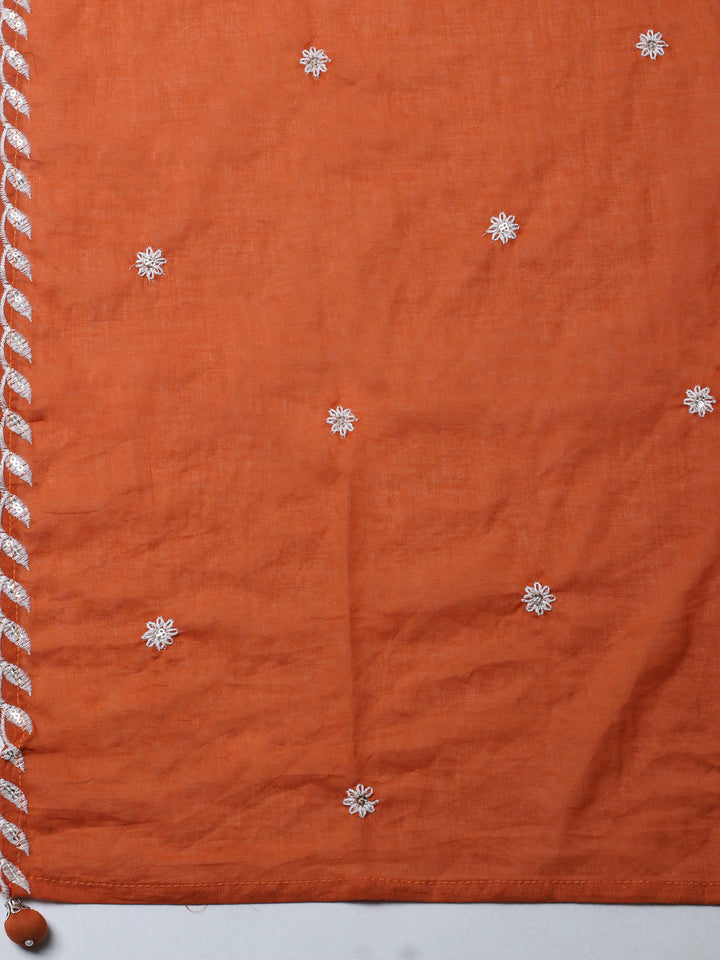 Rust Embroidered Cotton Blend Unstitched Suit &amp; Pant With Cotton Dupatta