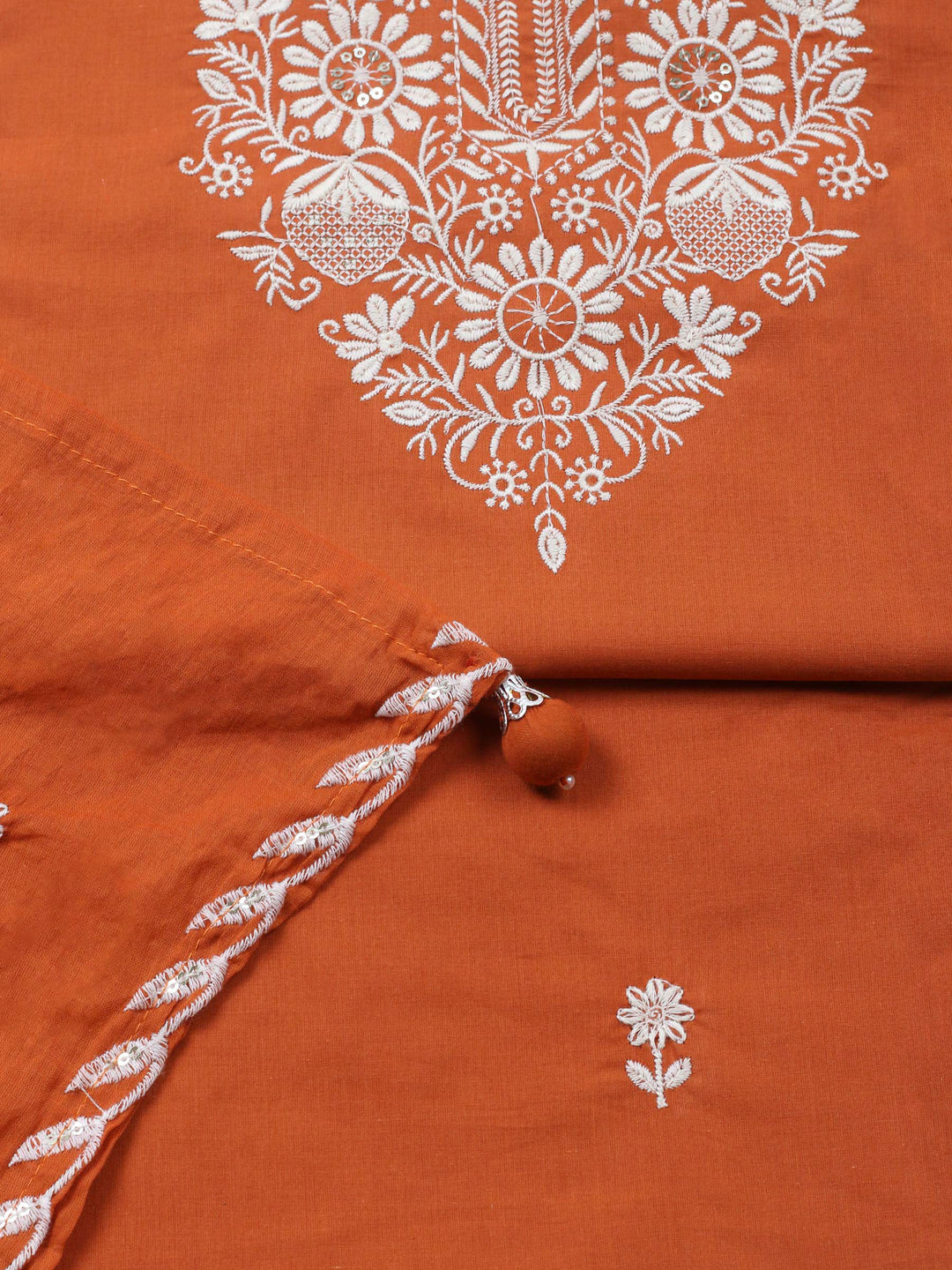 Rust Embroidered Cotton Blend Unstitched Suit &amp; Pant With Cotton Dupatta