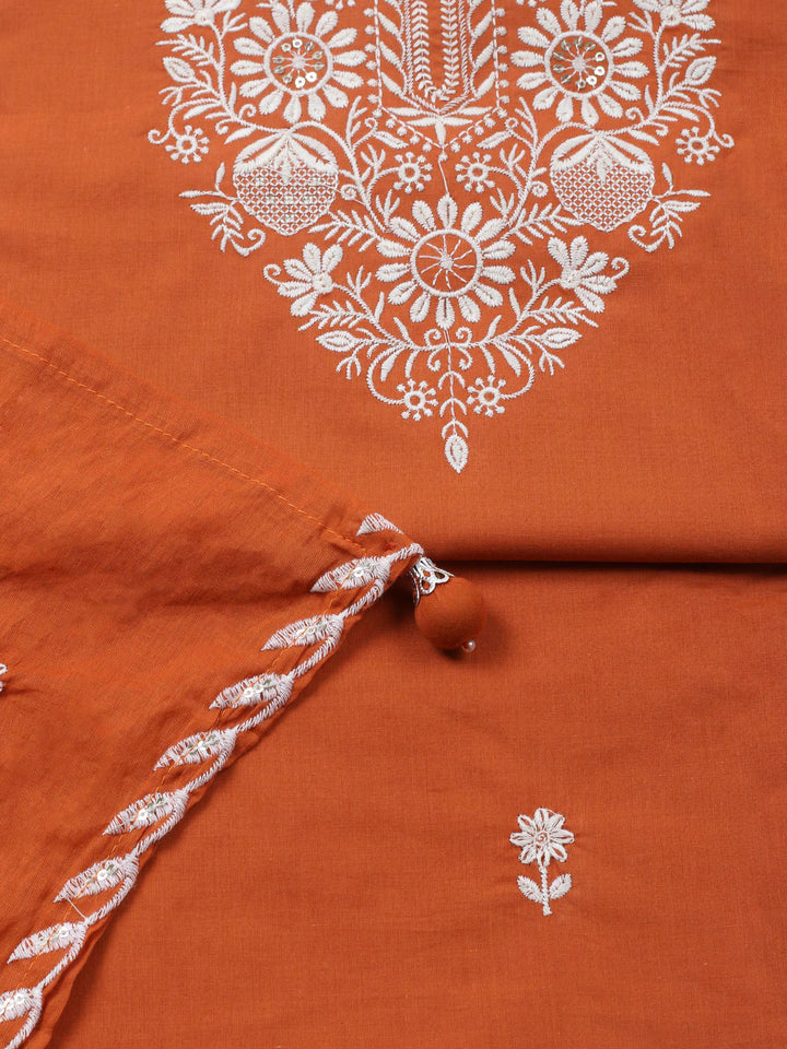 Rust Embroidered Cotton Blend Unstitched Suit &amp; Pant With Cotton Dupatta