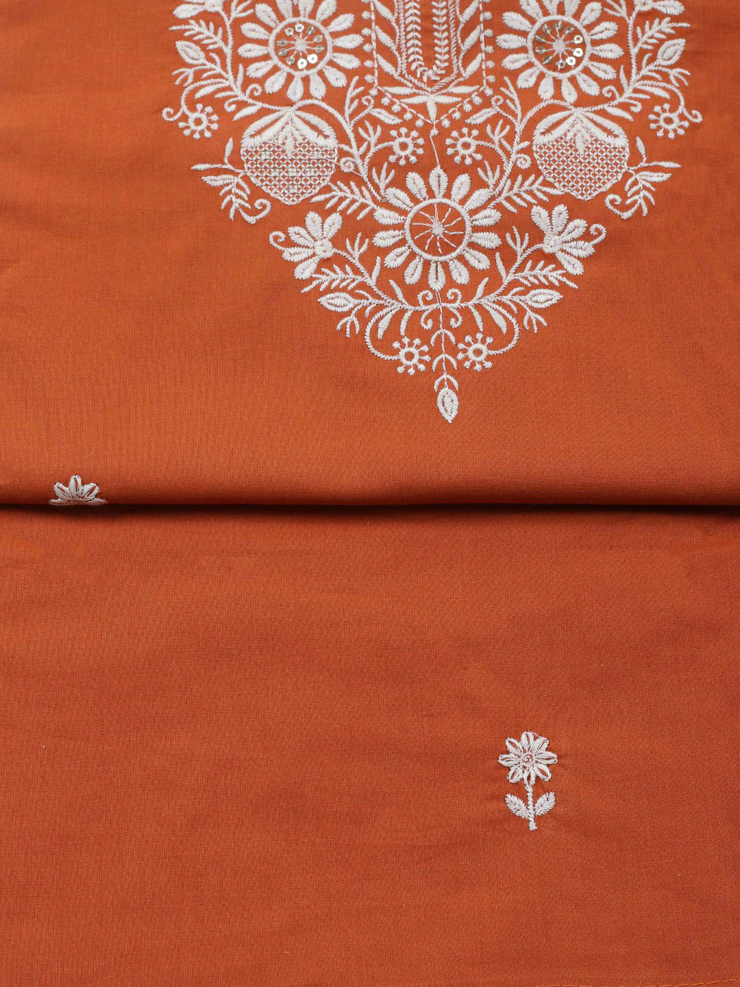 Rust Embroidered Cotton Blend Unstitched Suit &amp; Pant With Cotton Dupatta