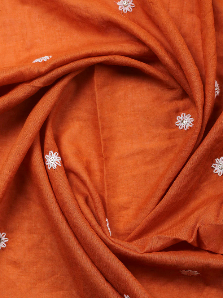 Rust Embroidered Cotton Blend Unstitched Suit &amp; Pant With Cotton Dupatta