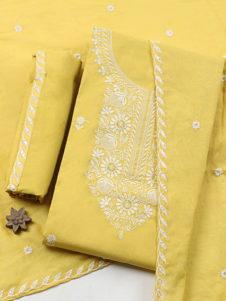 Yellow Embroidered Cotton Blend Unstitched Suit &amp; Pant With Cotton Dupatta