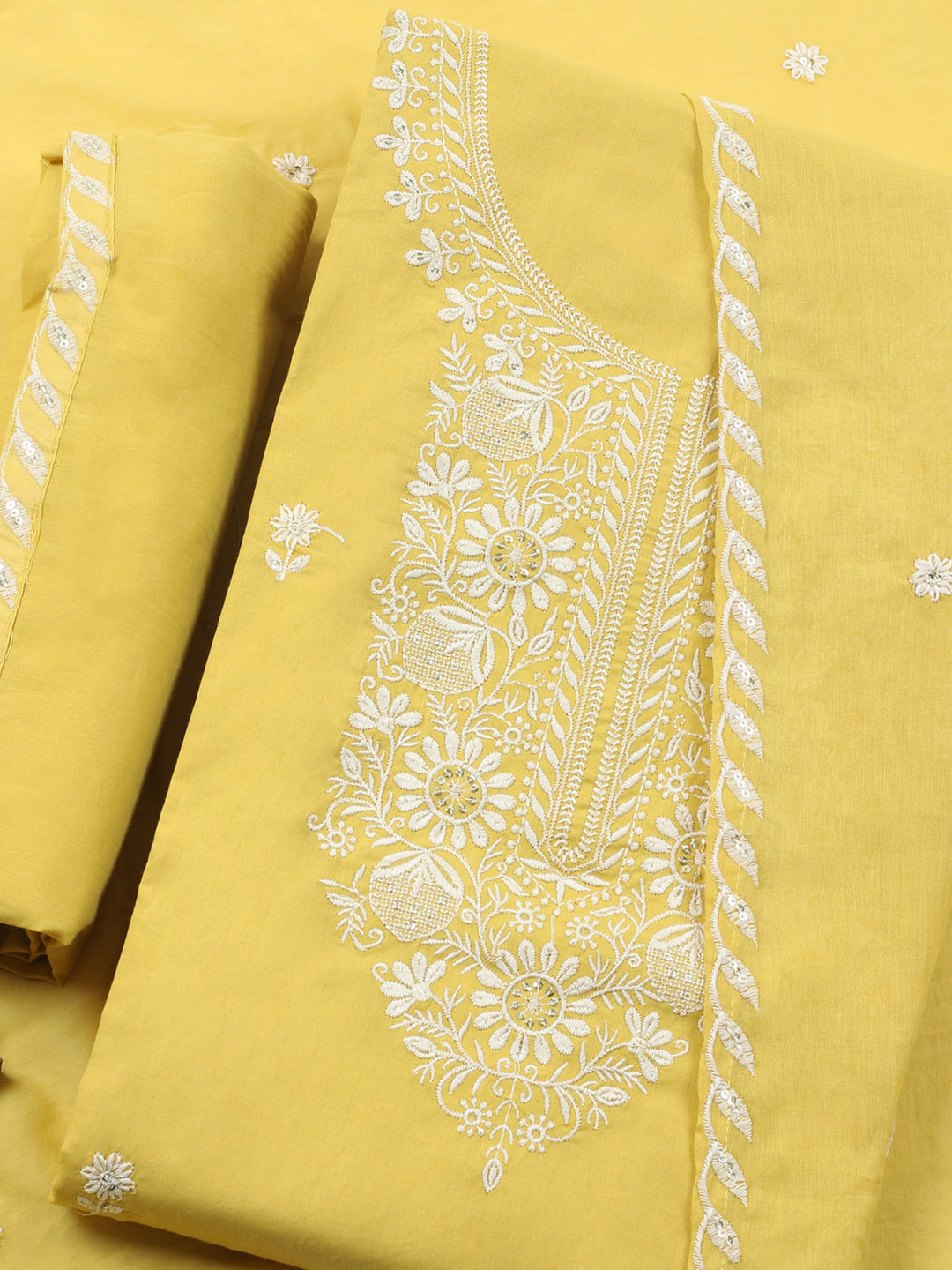 Yellow Embroidered Cotton Blend Unstitched Suit &amp; Pant With Cotton Dupatta