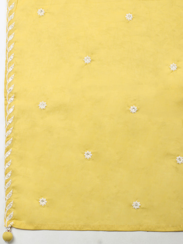 Yellow Embroidered Cotton Blend Unstitched Suit &amp; Pant With Cotton Dupatta