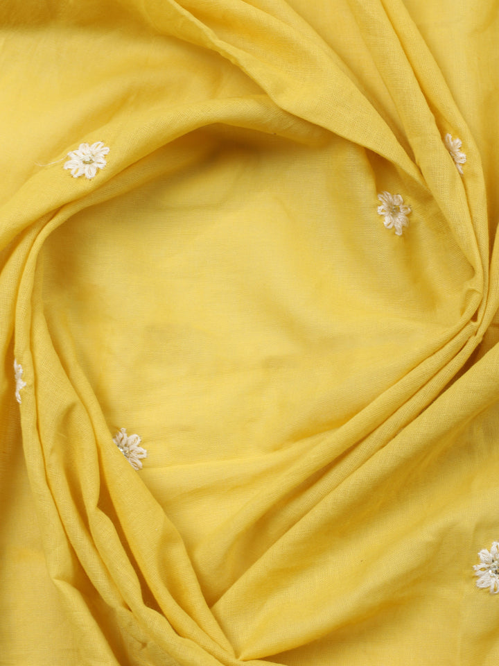 Yellow Embroidered Cotton Blend Unstitched Suit &amp; Pant With Cotton Dupatta
