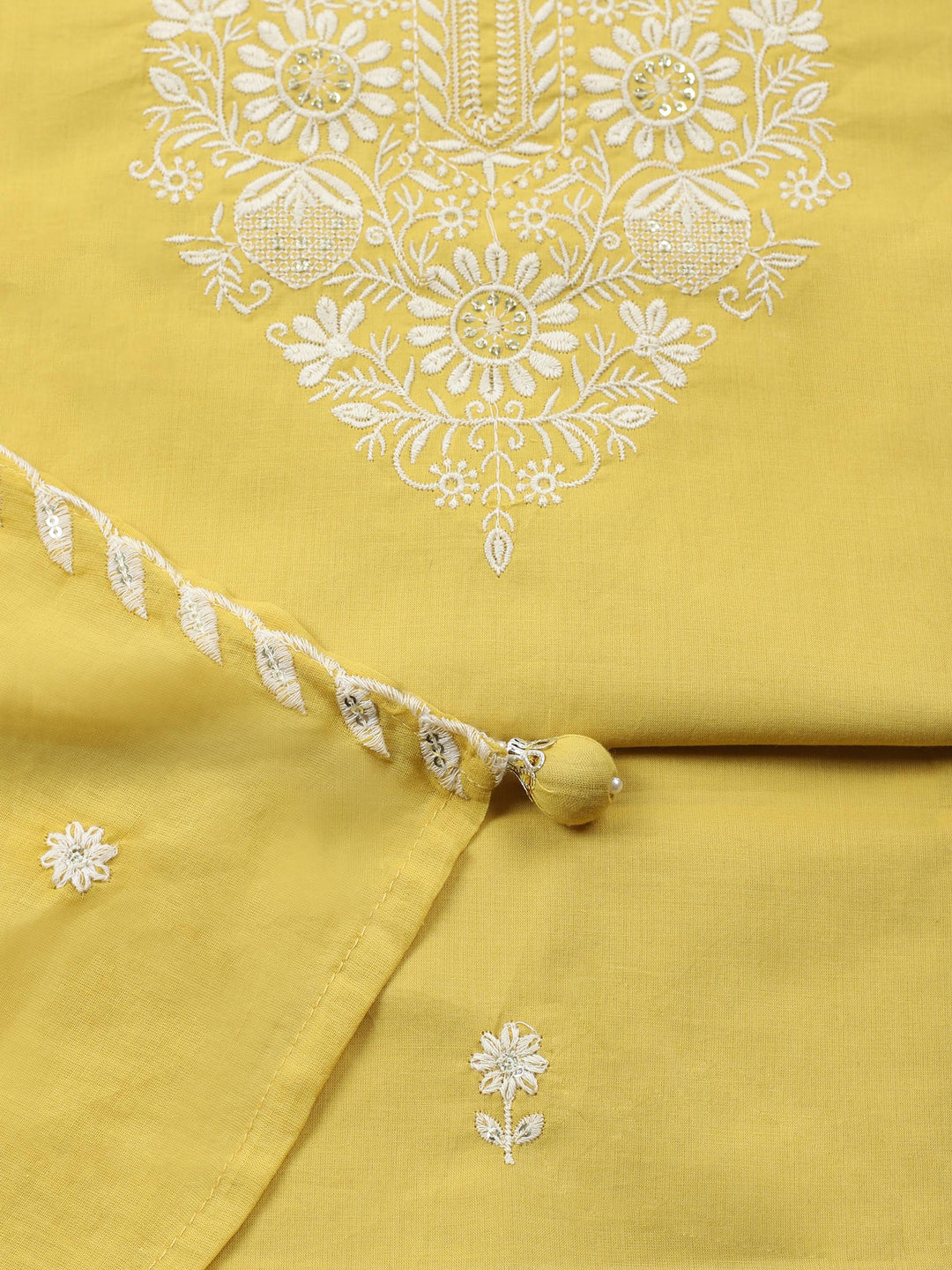 Yellow Embroidered Cotton Blend Unstitched Suit &amp; Pant With Cotton Dupatta