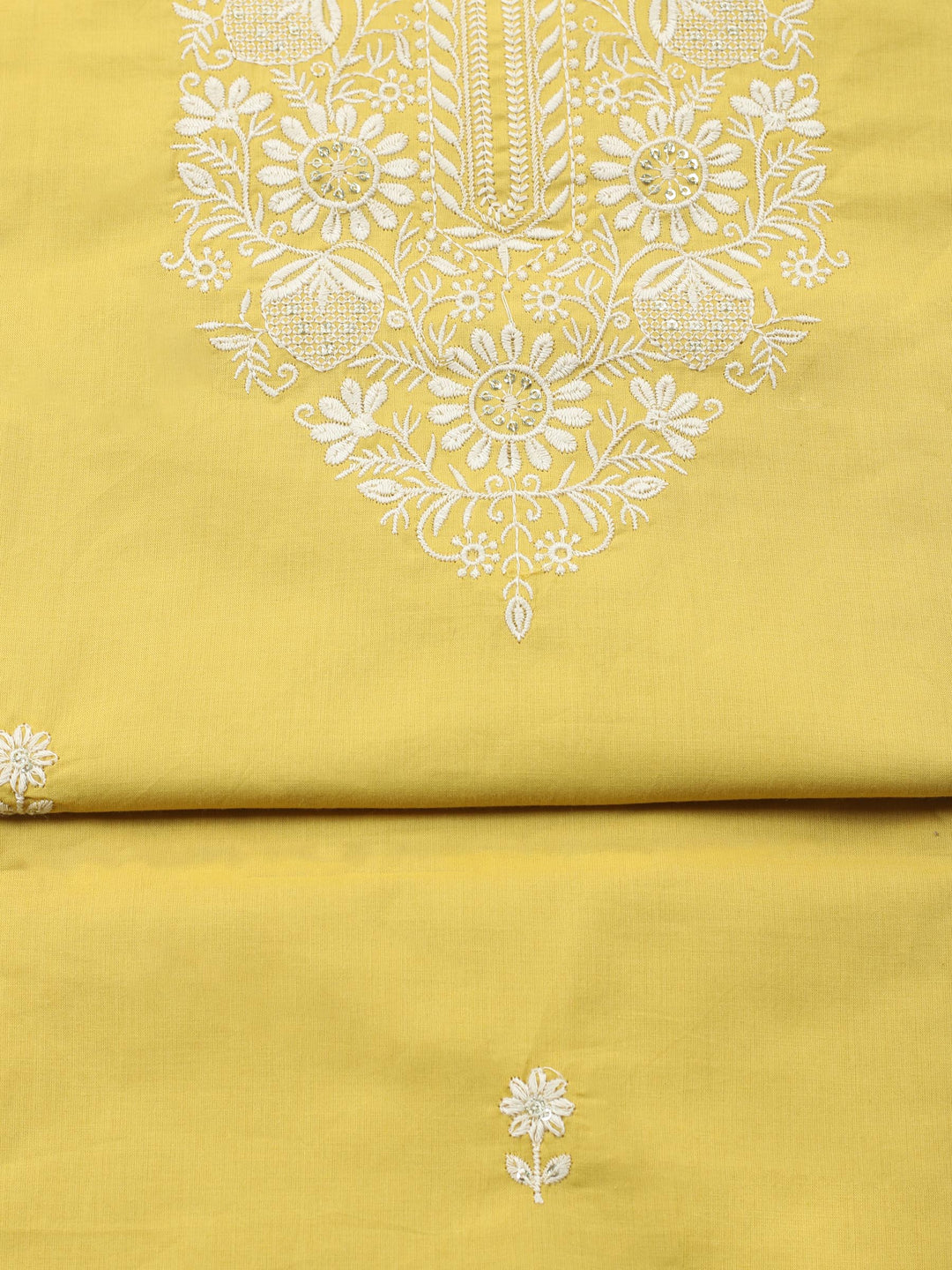 Yellow Embroidered Cotton Blend Unstitched Suit &amp; Pant With Cotton Dupatta