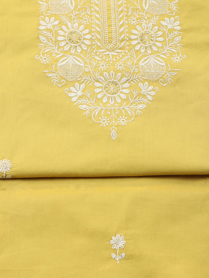 Yellow Embroidered Cotton Blend Unstitched Suit &amp; Pant With Cotton Dupatta
