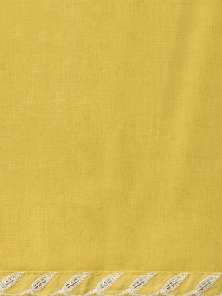 Yellow Embroidered Cotton Blend Unstitched Suit &amp; Pant With Cotton Dupatta