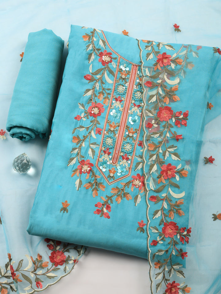 Firozee Embroidered Chanderi Unstitched Suit &amp; Pant With Chanderi Dupatta
