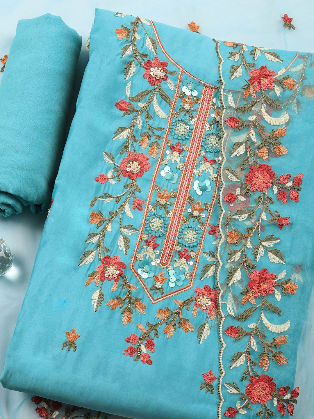 Firozee Embroidered Chanderi Unstitched Suit &amp; Pant With Chanderi Dupatta