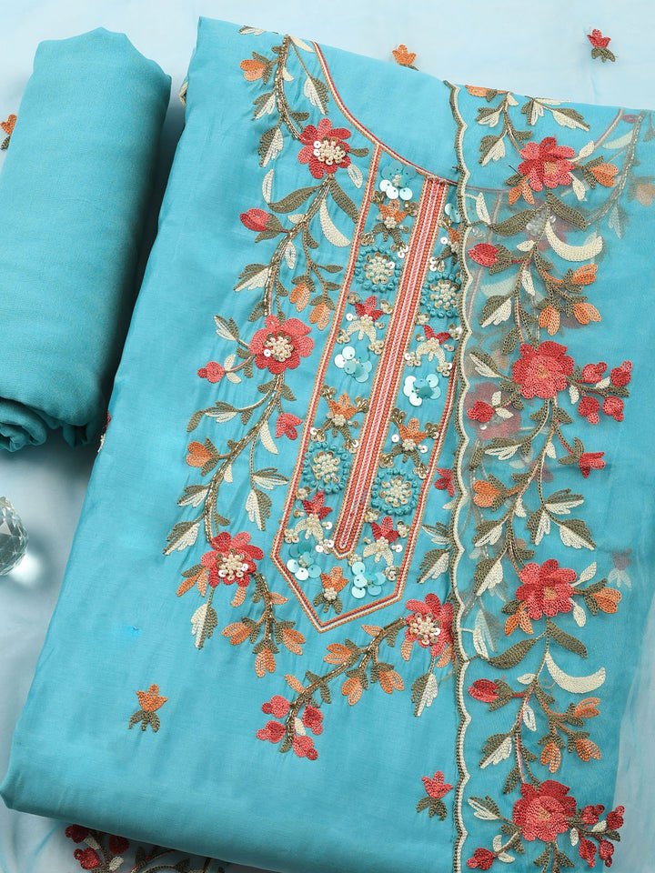 Firozee Embroidered Chanderi Unstitched Suit &amp; Pant With Chanderi Dupatta