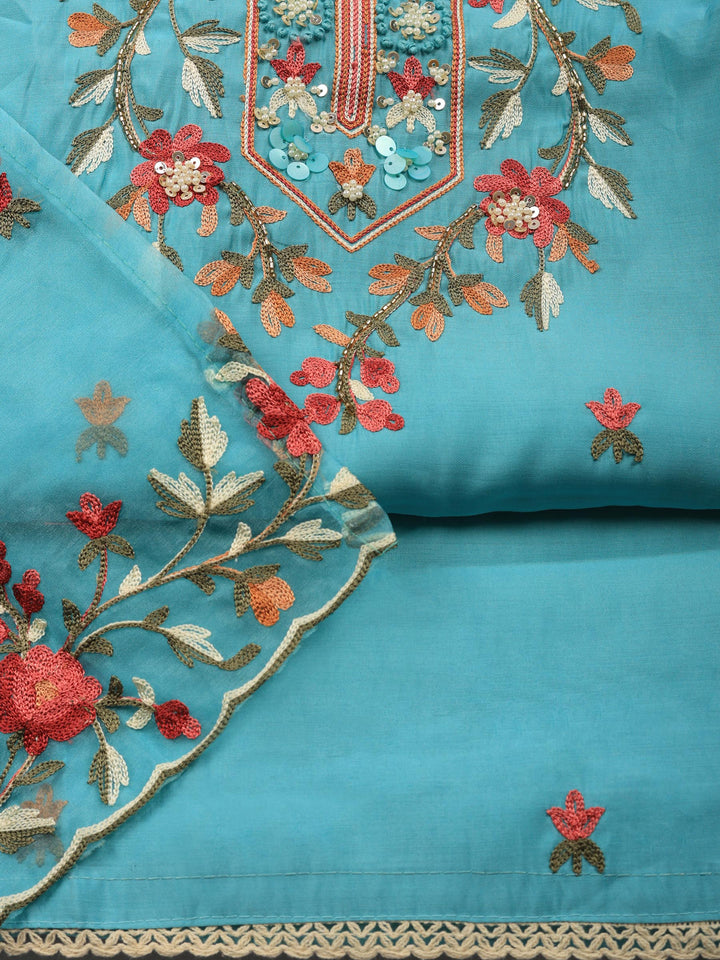 Firozee Embroidered Chanderi Unstitched Suit &amp; Pant With Chanderi Dupatta