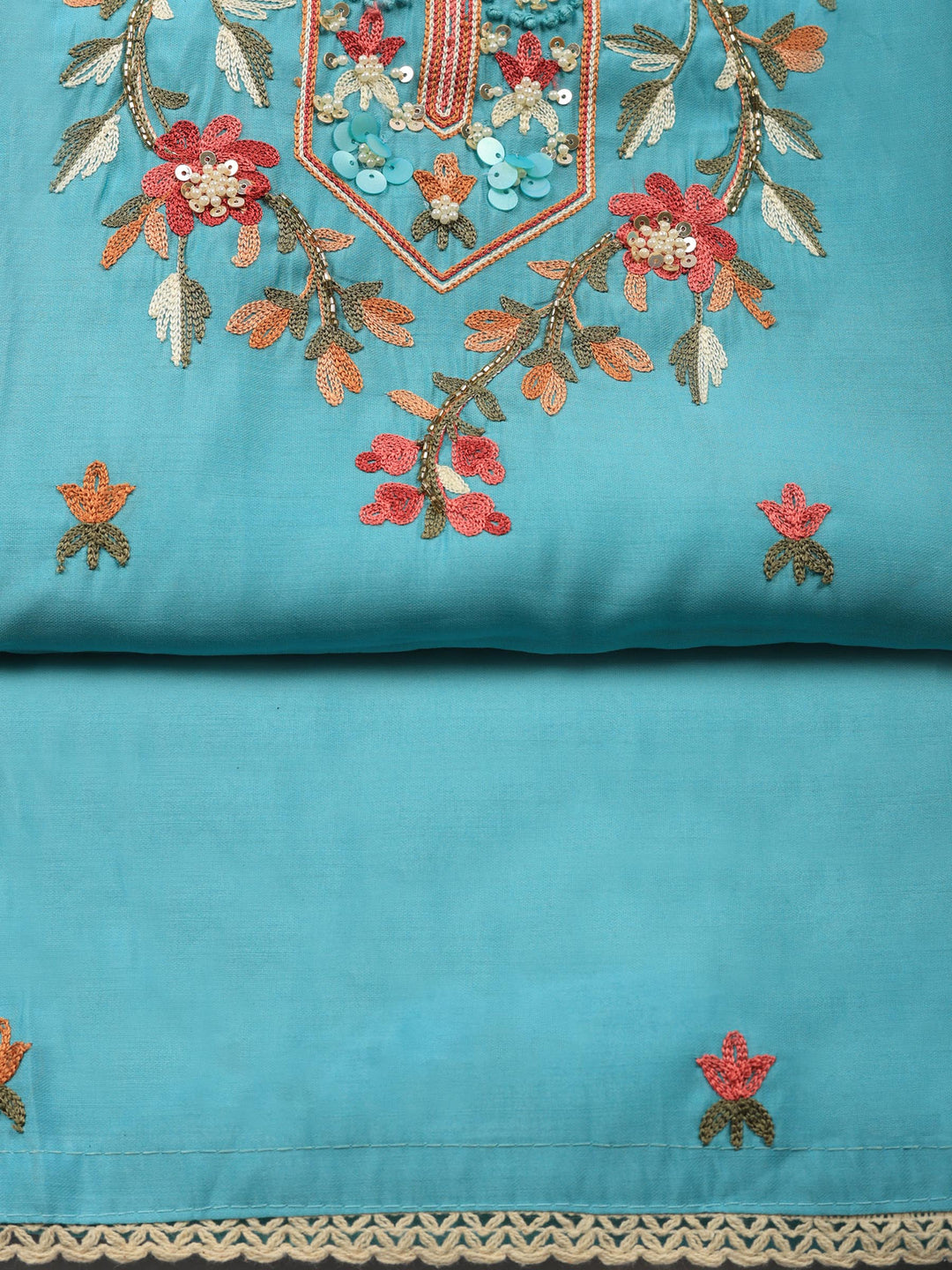 Firozee Embroidered Chanderi Unstitched Suit &amp; Pant With Chanderi Dupatta
