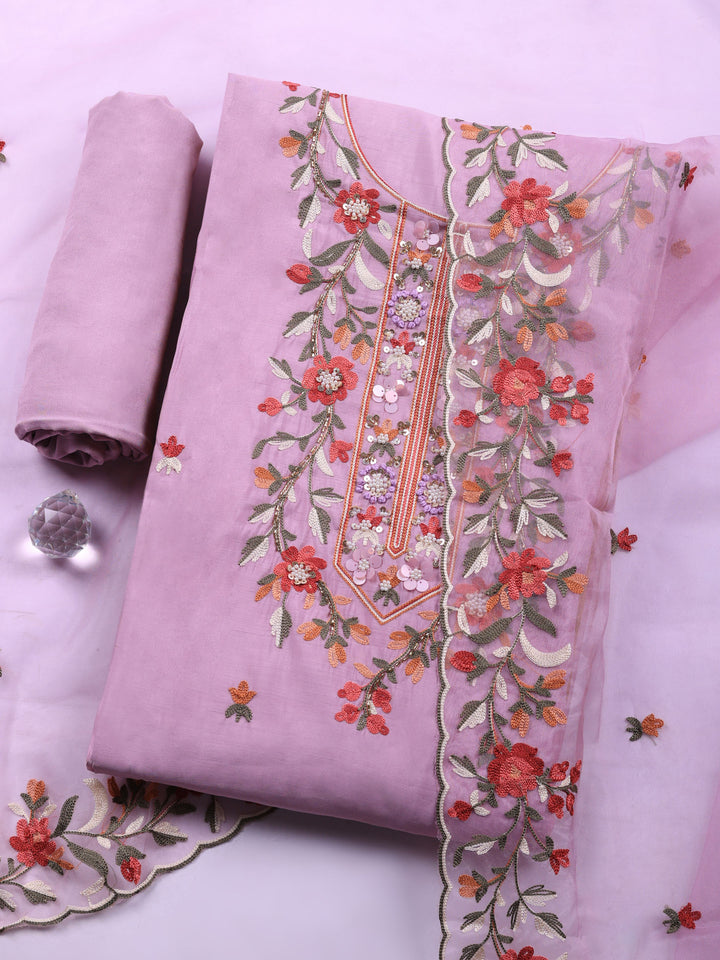 Lavender Embroidered Chanderi Unstitched Suit &amp; Pant With Chanderi Dupatta