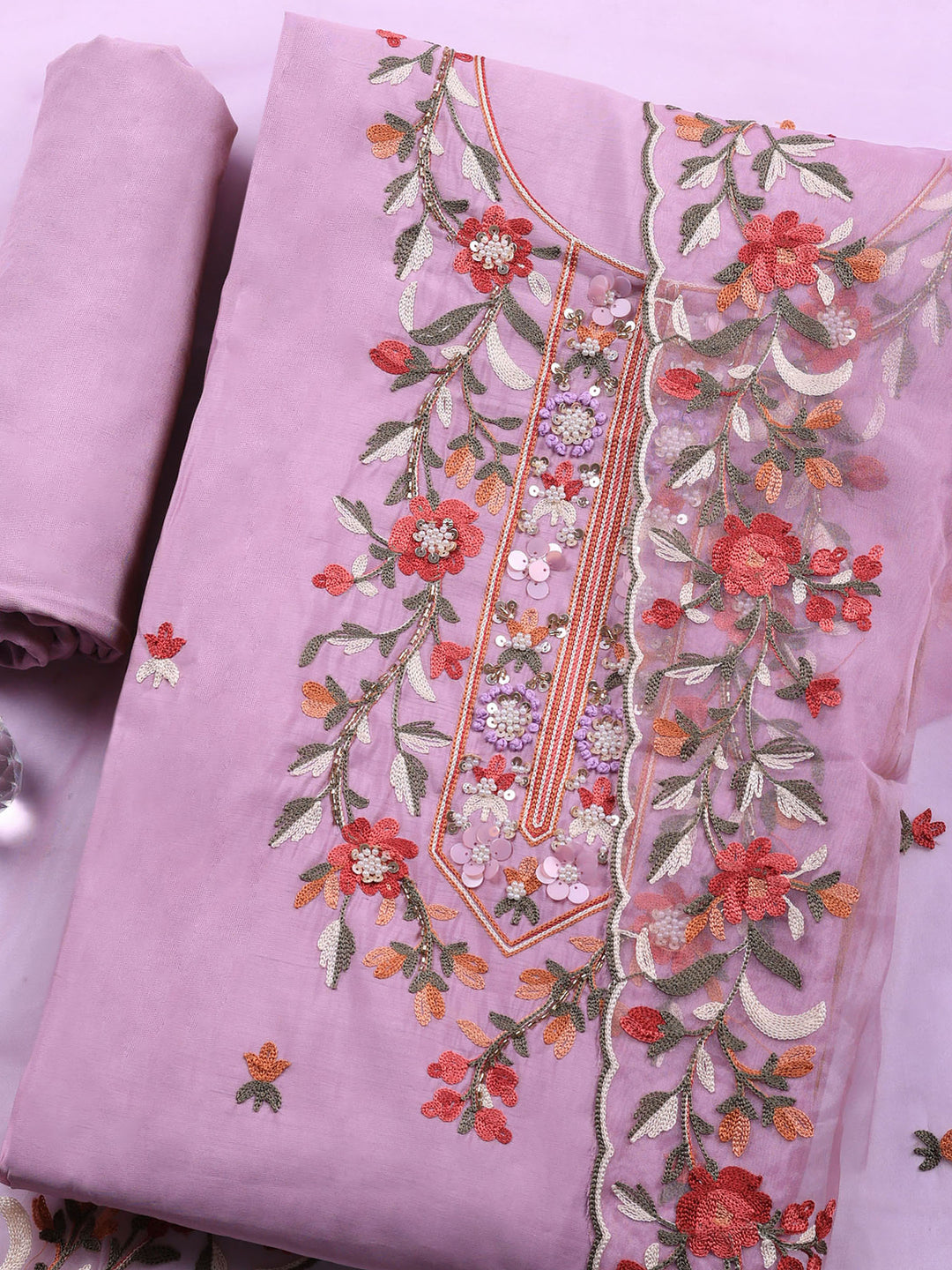 Lavender Embroidered Chanderi Unstitched Suit &amp; Pant With Chanderi Dupatta