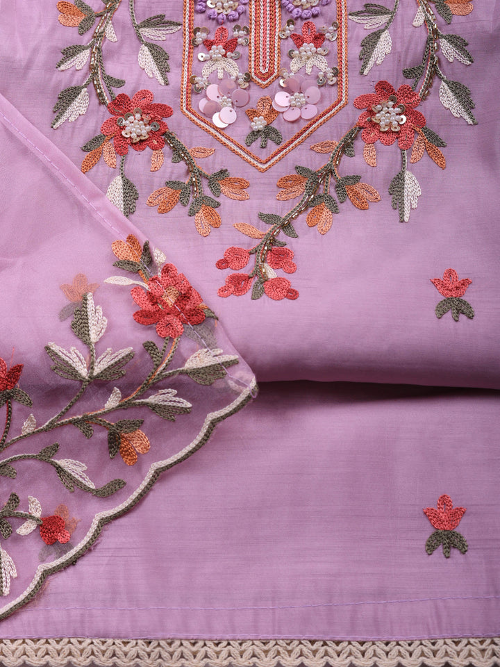 Lavender Embroidered Chanderi Unstitched Suit &amp; Pant With Chanderi Dupatta