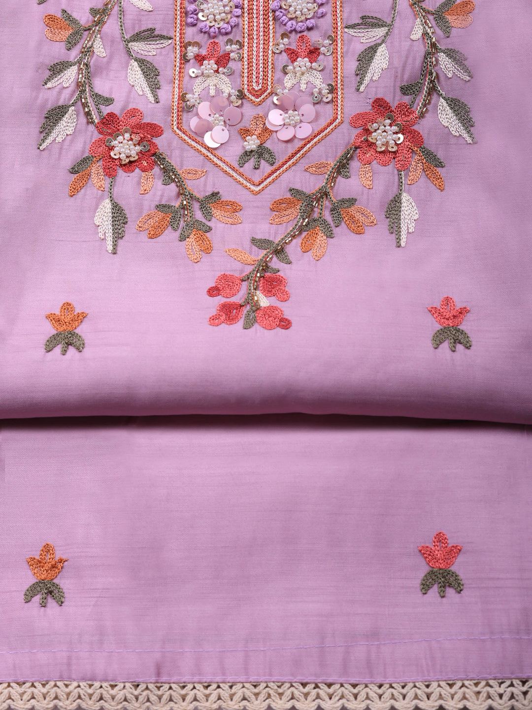 Lavender Embroidered Chanderi Unstitched Suit &amp; Pant With Chanderi Dupatta