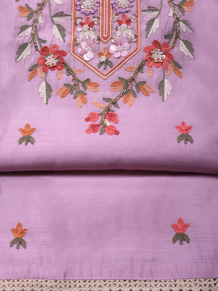 Lavender Embroidered Chanderi Unstitched Suit &amp; Pant With Chanderi Dupatta