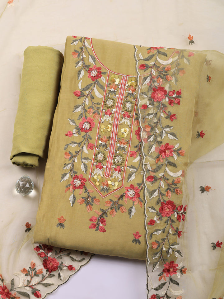 Mehndi Embroidered Chanderi Unstitched Suit &amp; Pant With Chanderi Dupatta