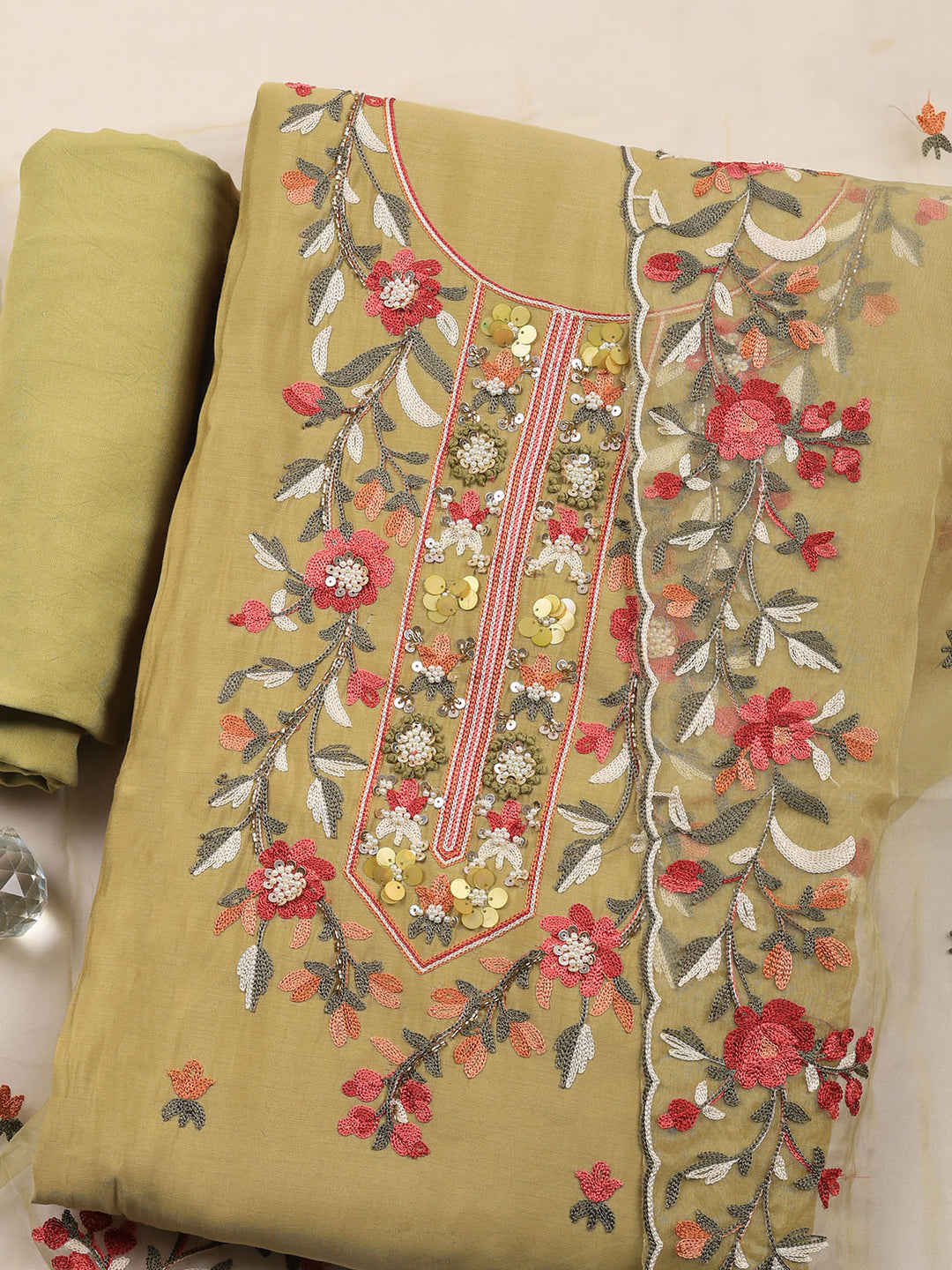 Mehndi Embroidered Chanderi Unstitched Suit &amp; Pant With Chanderi Dupatta