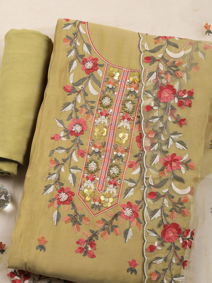 Mehndi Embroidered Chanderi Unstitched Suit &amp; Pant With Chanderi Dupatta