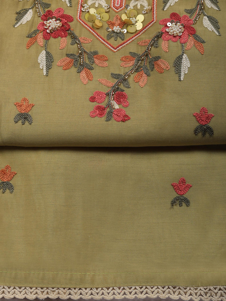 Mehndi Embroidered Chanderi Unstitched Suit &amp; Pant With Chanderi Dupatta