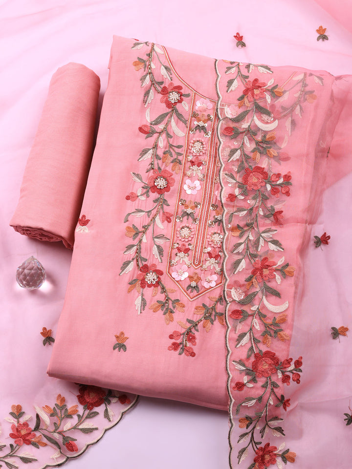 Pink Embroidered Chanderi Unstitched Suit &amp; Pant With Chanderi Dupatta