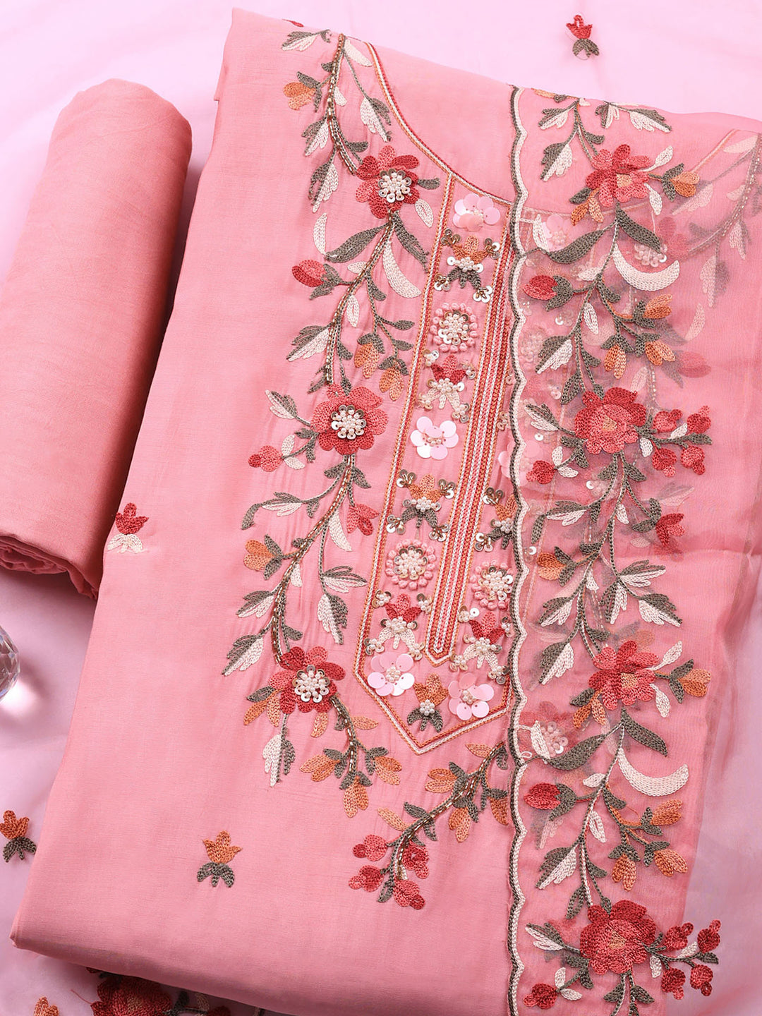 Pink Embroidered Chanderi Unstitched Suit &amp; Pant With Chanderi Dupatta