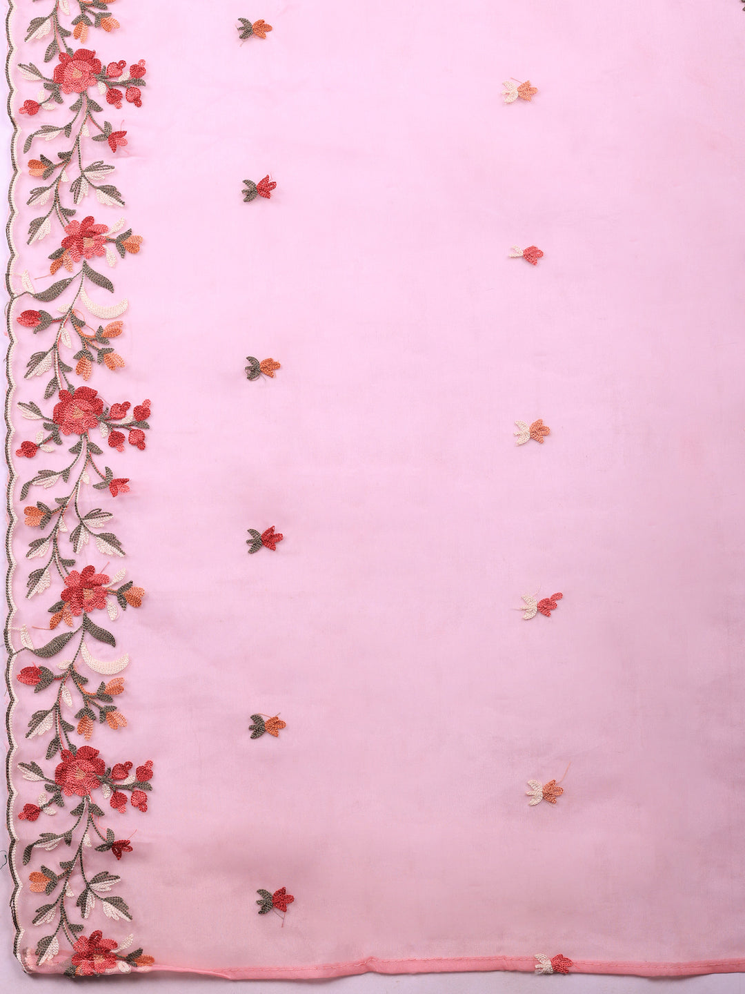 Pink Embroidered Chanderi Unstitched Suit &amp; Pant With Chanderi Dupatta