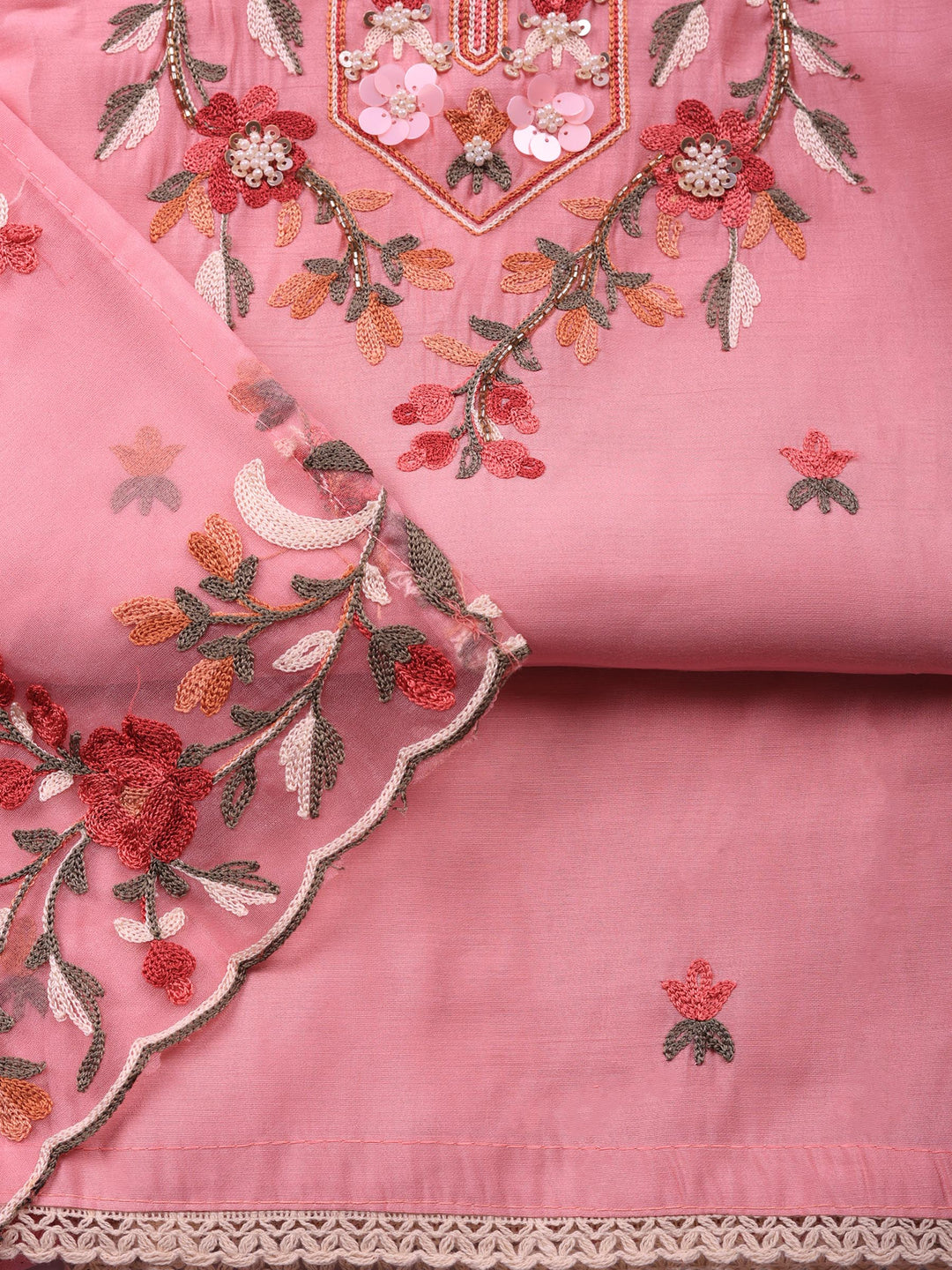 Pink Embroidered Chanderi Unstitched Suit &amp; Pant With Chanderi Dupatta